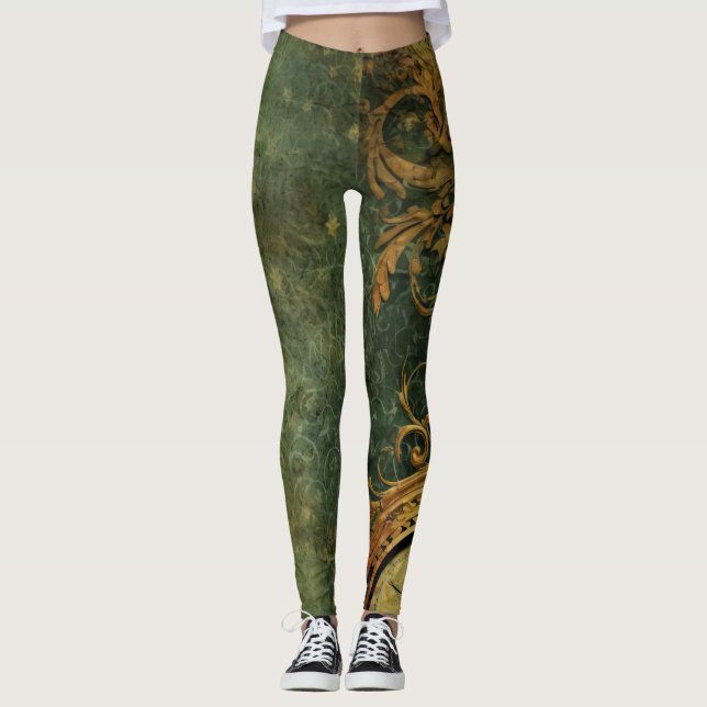 Emerald Green Rustic Steampunk Clock (6) Leggings (Front)