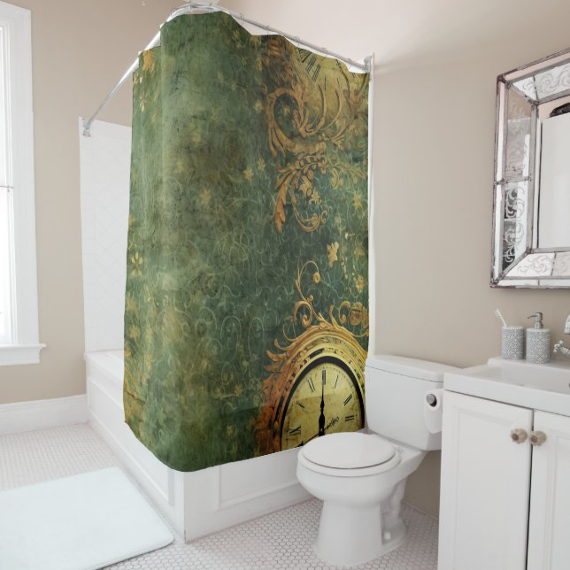 Emerald Green Rustic Steampunk Clock (6) Shower Curtain (In Situ)