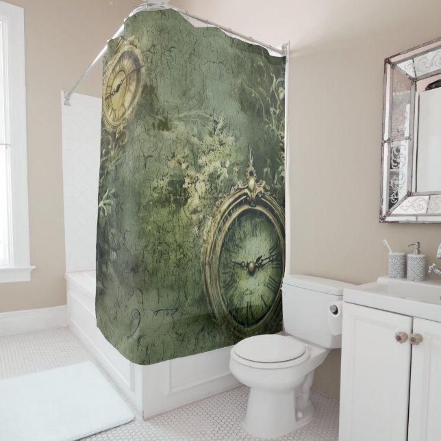 Emerald Green Rustic Steampunk Clock (7) Shower Curtain (In Situ)