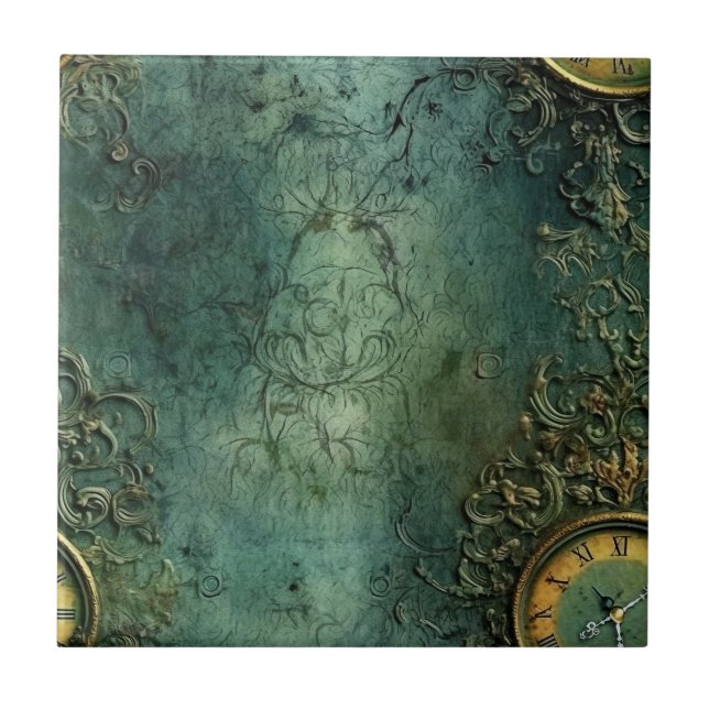 Emerald Green Rustic Steampunk Clock (8) Ceramic Tile (Front)