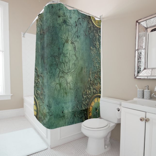 Emerald Green Rustic Steampunk Clock (8) Shower Curtain (In Situ)