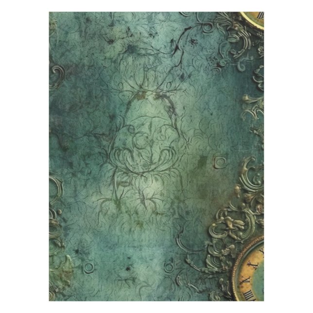 Emerald Green Rustic Steampunk Clock (8) Tablecloth (Front)