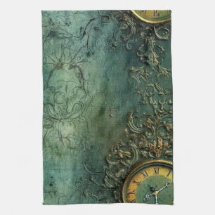 Emerald Green Rustic Steampunk Clock (8) Tea Towel