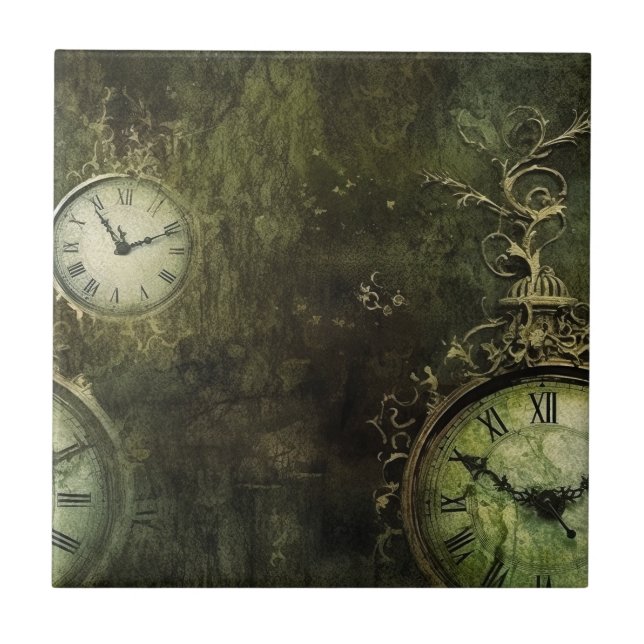 Emerald Green Rustic Steampunk Clock (9) Ceramic Tile (Front)