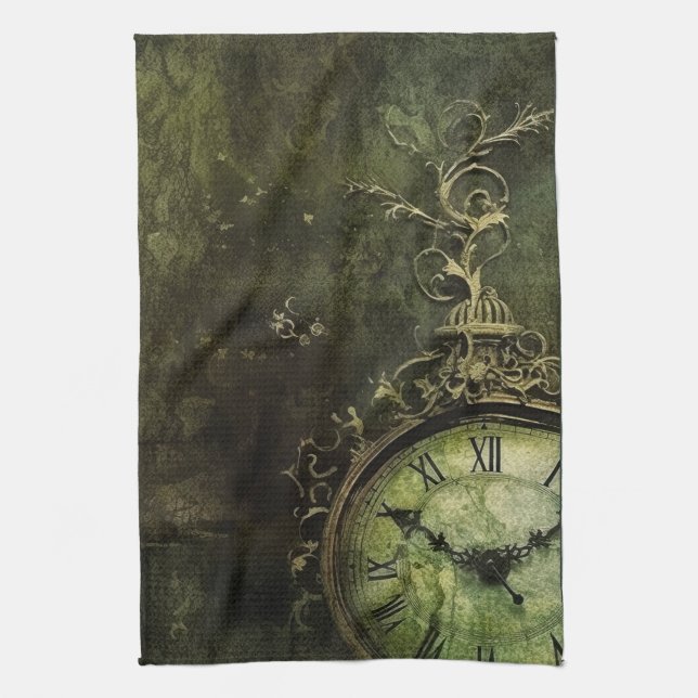 Emerald Green Rustic Steampunk Clock (9) Tea Towel (Vertical)