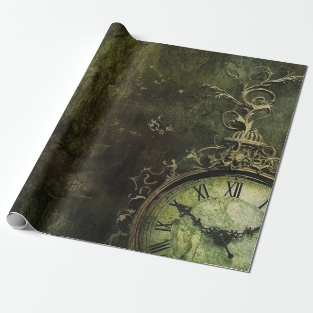 Emerald Green Rustic Steampunk Clock (9) Wrapping Paper (Unrolled)