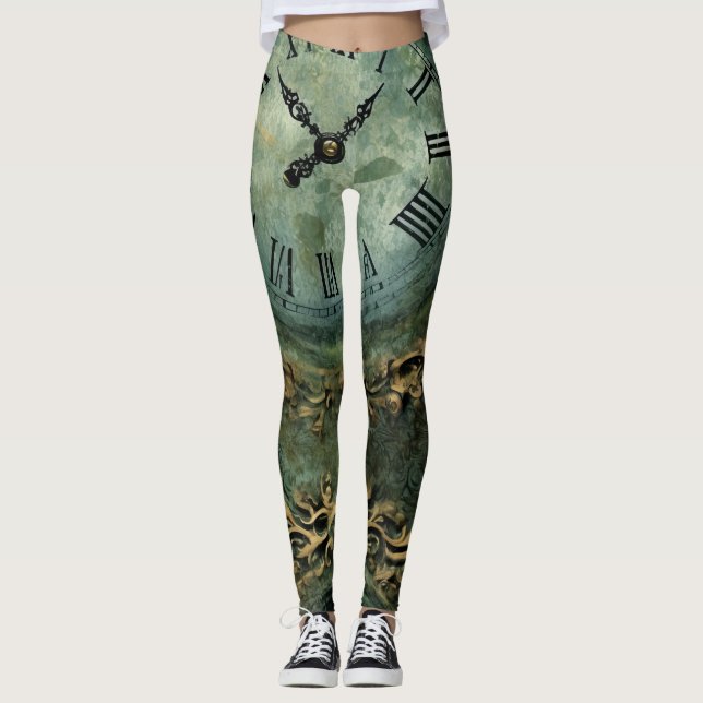Emerald Green Rustic Steampunk Clock Leggings (Front)