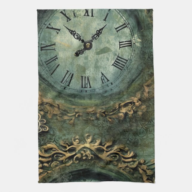 Emerald Green Rustic Steampunk Clock Tea Towel (Vertical)