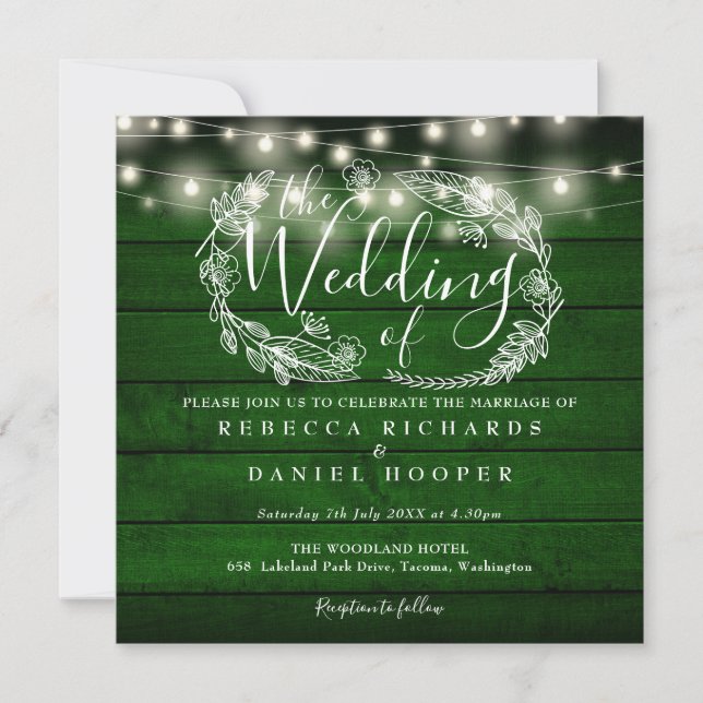 Emerald Green Rustic Wood String Lights Wedding Invitation (Front)