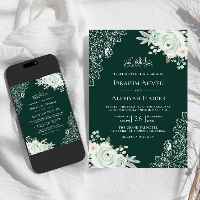 Emerald Green Sage Floral Lace Muslim Wedding Invitation (Creator Uploaded)