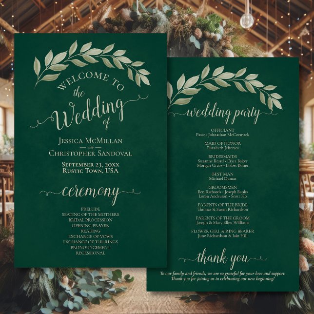 Emerald Green & Sage Leaves Budget Wedding Program (Front/Back)