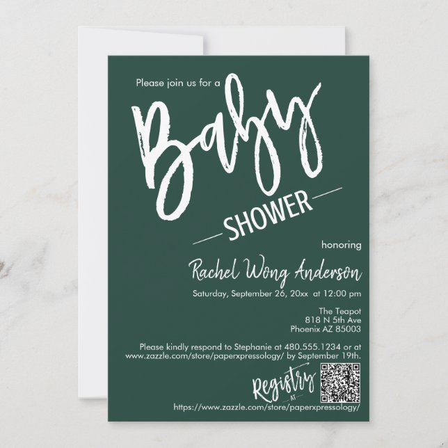Emerald Green Script Baby Shower QR Code Photo Invitation (Front)