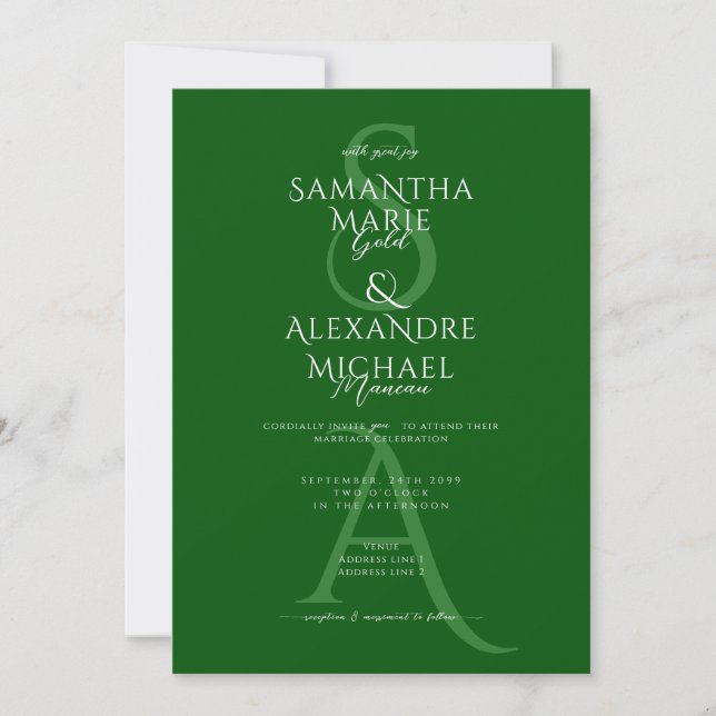 Emerald Green Script Contemporary Monogram Wedding Invitation (Front)