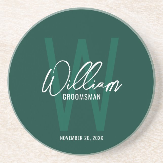 Emerald Green Script Personalised Groomsman's Name Coaster (Front)