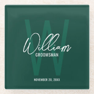Emerald Green Script Personalised Groomsman's Name Glass Coaster