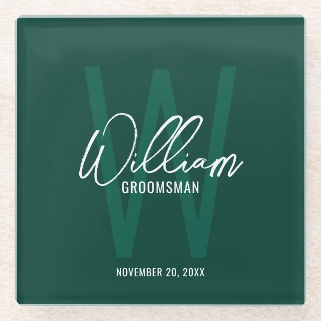 Emerald Green Script Personalised Groomsman's Name Glass Coaster (Front)