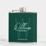 Emerald Green Script Personalised Groomsman's Name Hip Flask<br><div class="desc">Modern Minimalist Personalised Monogram and Name Gifts This design features personalised groomsman's name in white modern handwriting script font style and monogram in light emerald green modern sans serif font style as background, with wedding details in white modern sans serif font style, on emerald green background. Also perfect for best...</div>