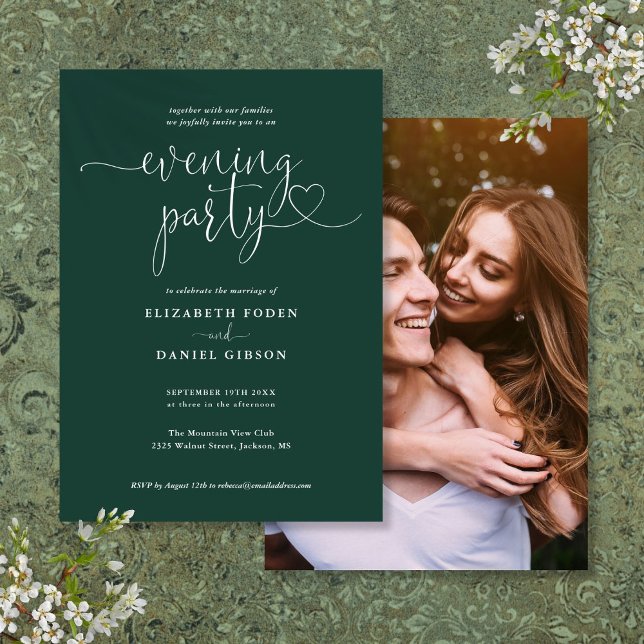 Emerald Green Script Photo Wedding Evening Party Invitation (Emerald Green Script Photo Wedding Evening Party Invitation)