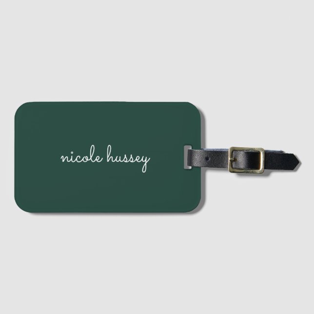 Emerald Green Script | Stylish Monogram Modern Luggage Tag (Front Horizontal)
