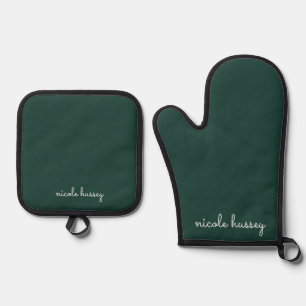 Emerald Green Script Stylish Monogram Modern Oven Mitt & Pot Holder Set