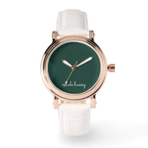 Emerald Green Script Stylish Monogram Modern Watch