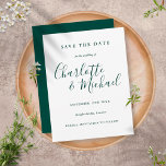 Emerald Green Script Wedding Save the Date Postcard<br><div class="desc">Featuring signature style names,  this elegant emerald green save-the-date card can be personalized with your special event information in chic modern lettering. Designed by Thisisnotme©</div>