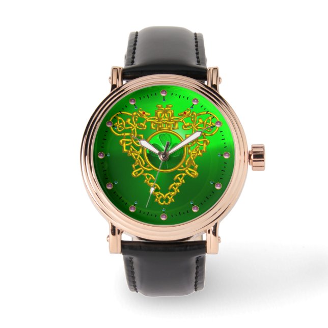EMERALD GREEN SHAMROCK AND CELTIC HEART GOLD KNOTS WATCH (Front)