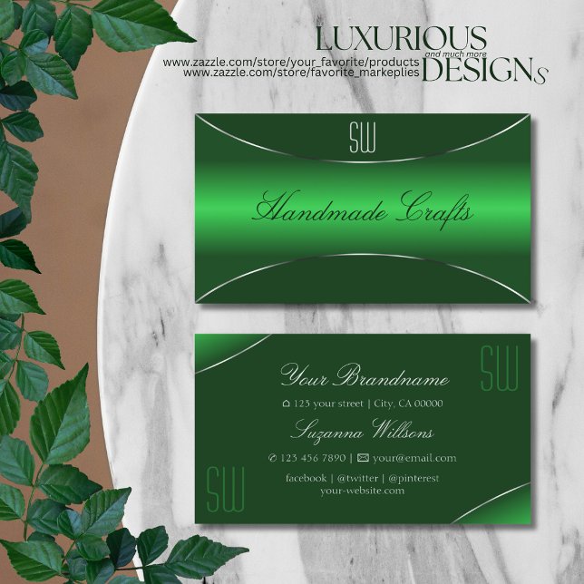Emerald Green Shimmery Silver Border with Monogram Business Card (Creator Uploaded)