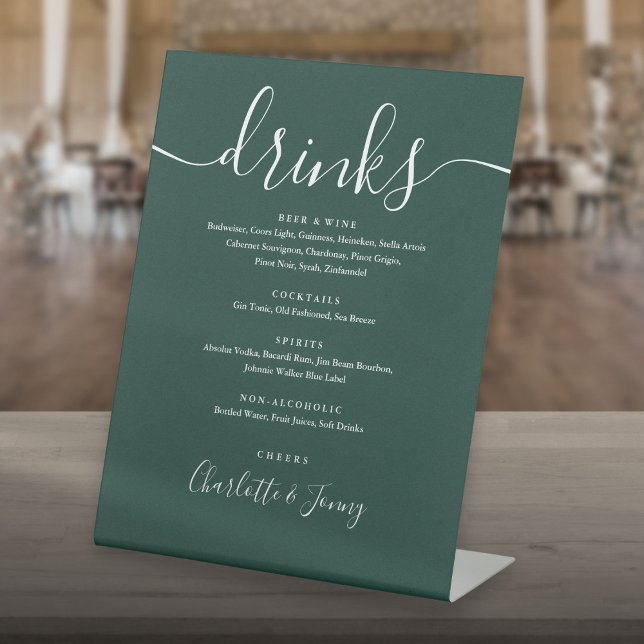 Emerald Green Signature Script Wedding Drinks Menu Pedestal Sign (Emerald Green Signature Script Wedding Drinks Menu Pedestal Sign)