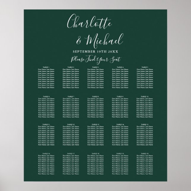 Emerald Green Signature Wedding Seating Chart (Front)
