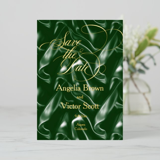 Emerald Green Silk Calligraphy Save the Date (Standing Front)