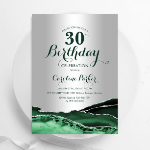 Emerald Green Silver Agate 30th Birthday Party Invitation