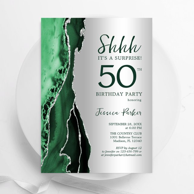 Emerald Green Silver Agate Surprise 50th Birthday Invitation (Creator Uploaded)