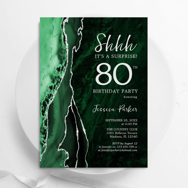 Emerald Green Silver Agate Surprise 80th Birthday Invitation (Creator Uploaded)