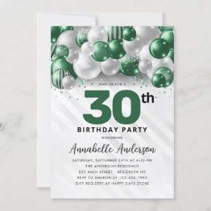 Emerald Green Silver Balloon Glitter 30th Birthday Invitation
