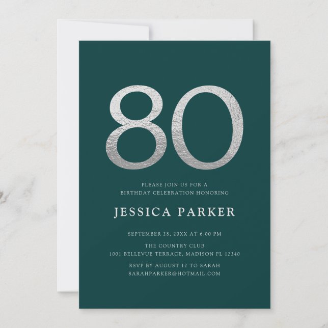 Emerald Green Silver Elegant  80th Birthday Invitation (Front)