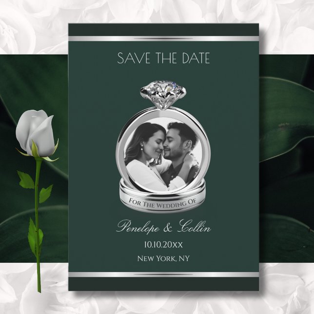Emerald Green Silver Engagement Ring Save the Date (Elegant forest green save the date announcement with photorealistic 3D silver wedding ring.)