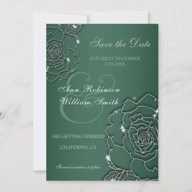 Emerald green Silver floral Elegant Wedding Save The Date (Front)