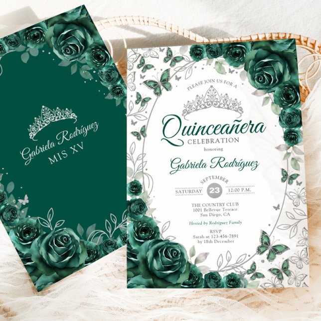 Emerald Green Silver Floral Quinceanera Invitation (Creator Uploaded)