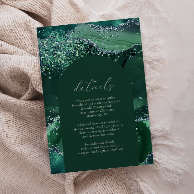 Emerald Green Silver Glitter Arch Wedding Details Enclosure Card (Creator Uploaded)