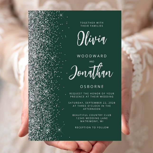 Emerald Green Silver Glitter Calligraphy Wedding Invitation (Creator Uploaded)