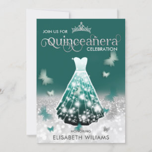 Emerald Green silver glitter dress butterfly Invit Invitation