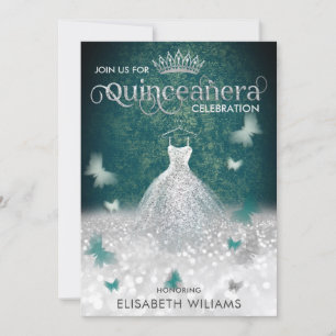 Emerald Green silver glitter dress butterfly Invitation