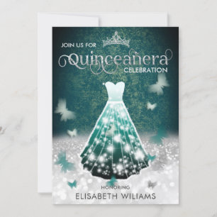 Emerald Green silver glitter dress butterfly Invitation