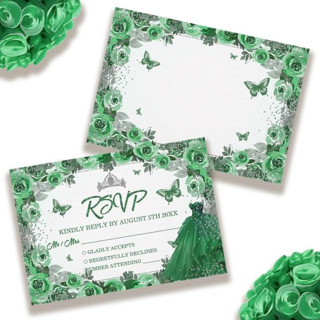 Emerald Green Silver Glitter Floral Quinceanera RSVP Card (Emerald Green Silver Glitter Floral Quinceanera RSVP Card)
