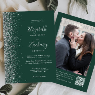 Emerald Green Silver Glitter Photo QR Code Wedding Invitation