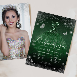 Emerald Green Silver Glitter Photo Quinceanera Invitation