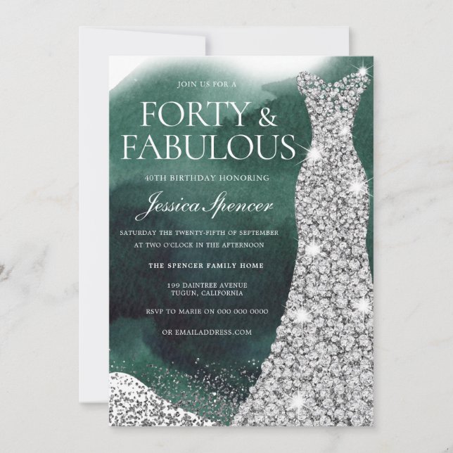 Emerald Green & Silver Gown 40th Birthday Party Invitation (Front)