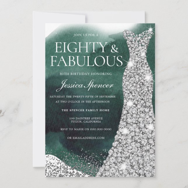 Emerald Green & Silver Gown 80th Birthday Party Invitation (Front)