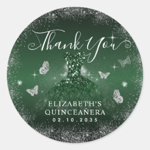 Emerald Green Silver Gown Quinceañera Thank You Classic Round Sticker